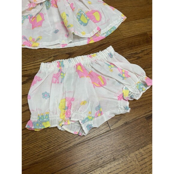 VTG 80s Her Majesty Elephant 2 Piece Pink Yellow Smocked Summer Ruffle Bloomers - Picture 5 of 14